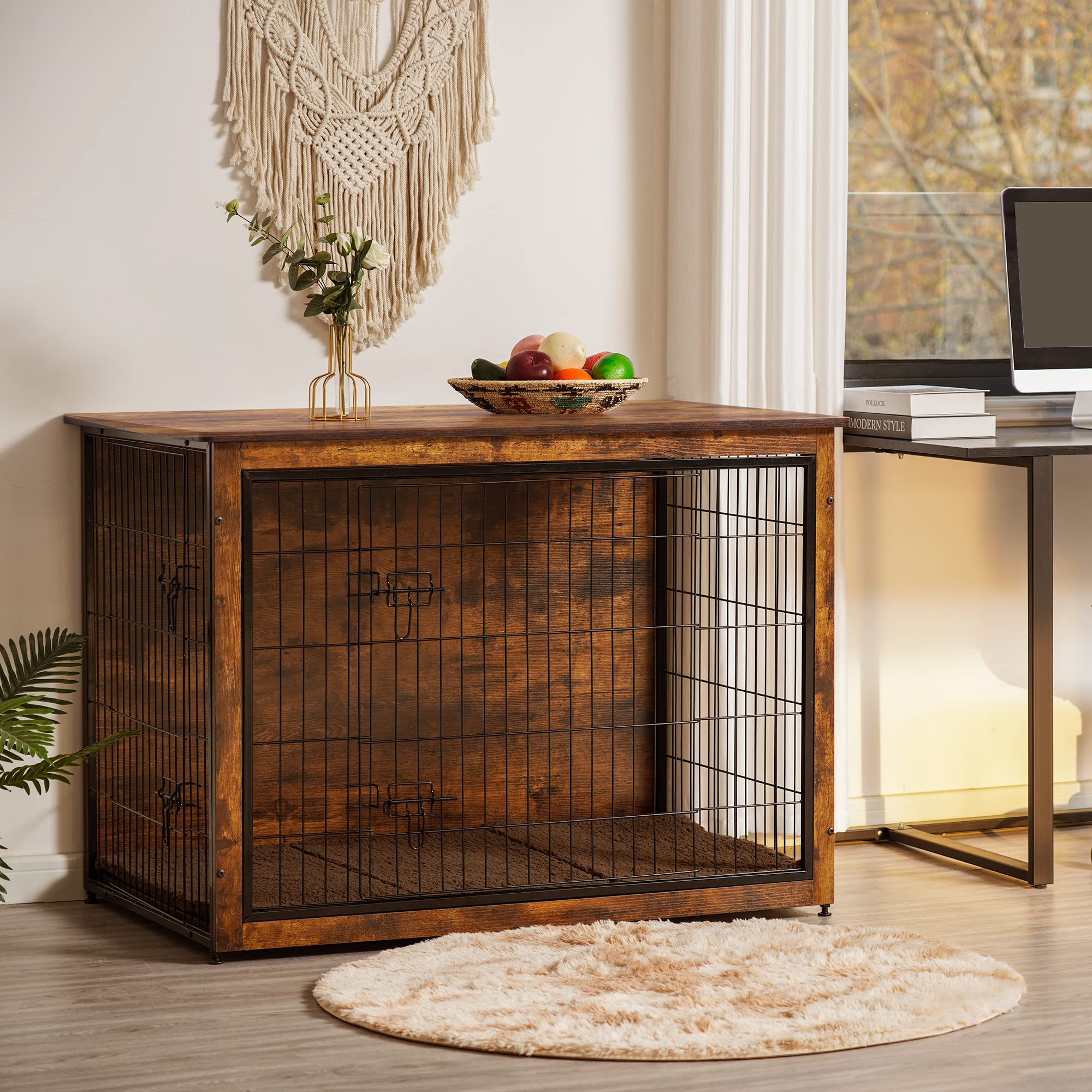 【Pet】Dog Crate Furniture with Cushion, XL Wooden Dog Crate with Double Doors, Dog Furniture