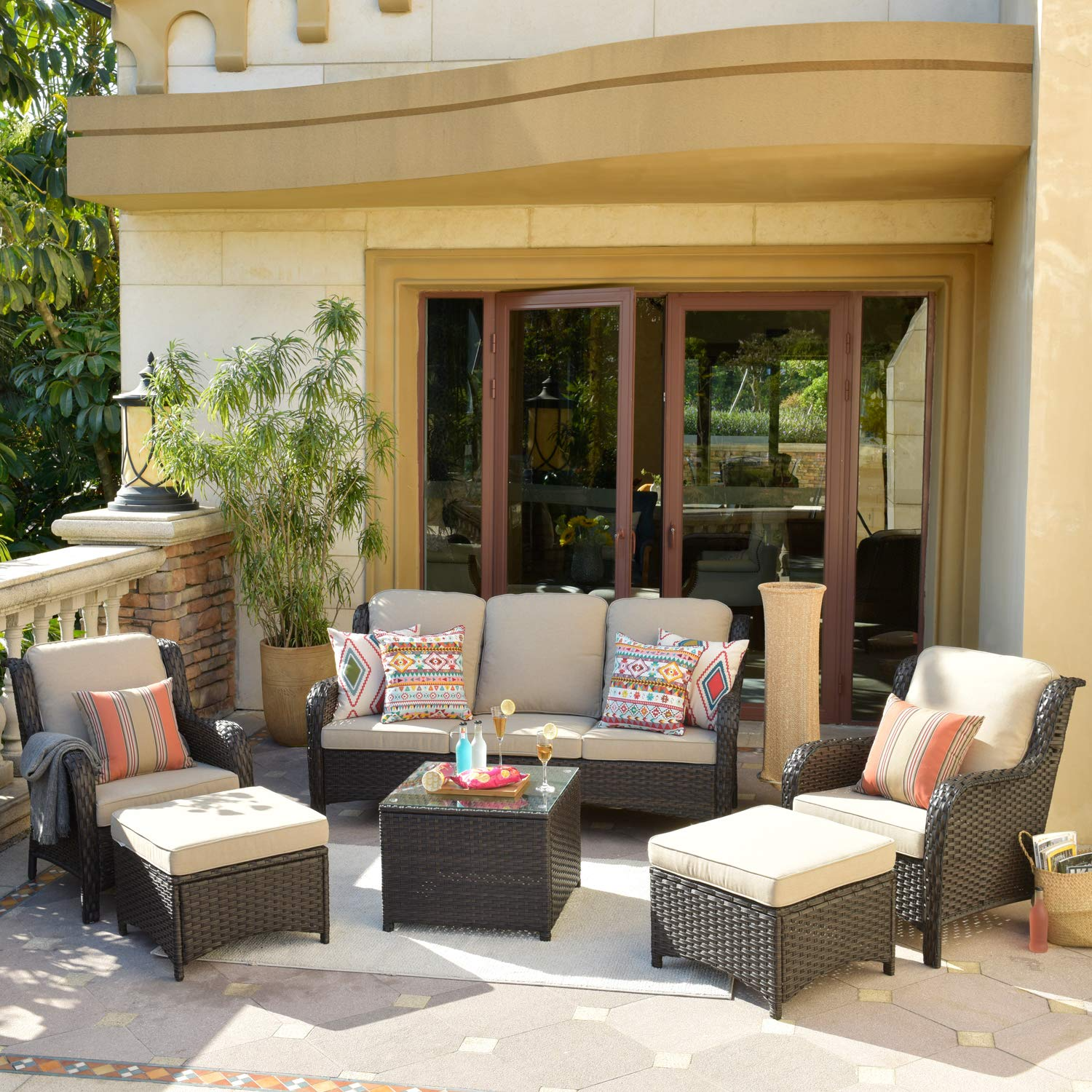 【Furniture】Patio Furniture Conversation Set All Weather Wicker 6 Pcs High Back Sofa w Coffee Table & Ottomans